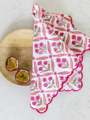 Scalloped Himalayan Wildflowers Pink Hand Block Print Napkin