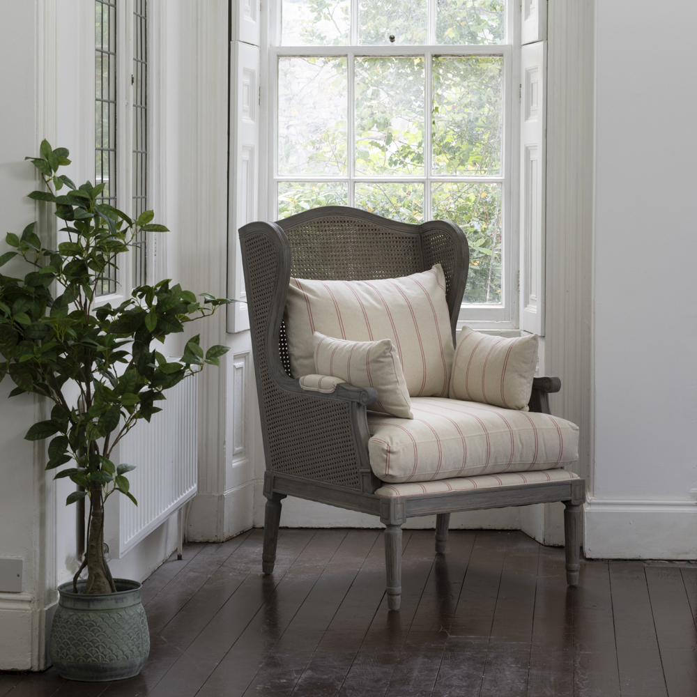 Rattan Wing Armchair Ticking Stripe Red