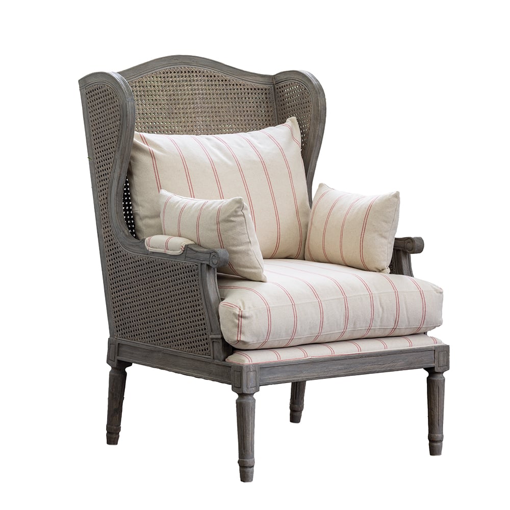 Rattan Wing Armchair Ticking Stripe Red