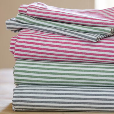 Striped Tablecloth & Napkins Moss Green / Grey / Pink