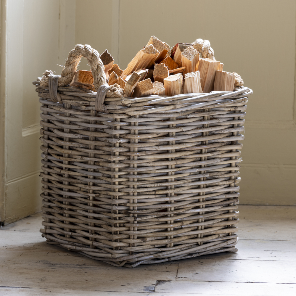 Square Kubu Log Basket With Rope Handles Small