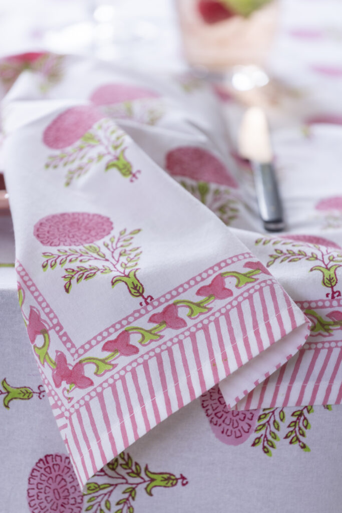Raspberry Cotton Hand Block Print Napkin | Raspberry Cotton Hand Block Print Tablecloth
