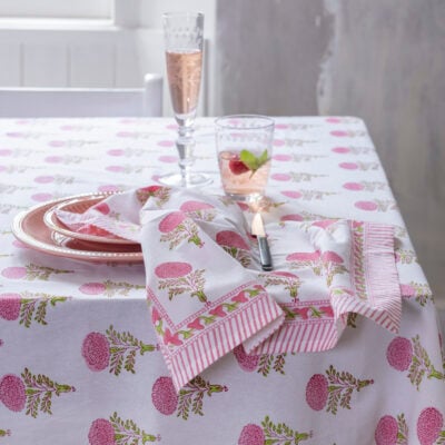 Water Glass Etched Clear | Champagne Flute Etched Clear | Stem Vases Asst Designs | Raspberry Cotton Hand Block Print Tablecloth | Raspberry Cotton Hand Block Print Napkin