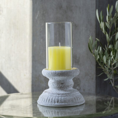 Hurricane Lantern Antique White | Rustic Scalloped Pillar Candle Lemon 70x75mm