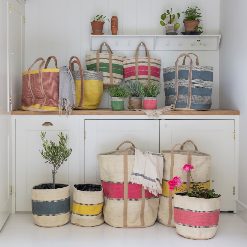 Jute Planter Lined in Yellow Stripe | Jute Planter Lined Pink Stripe | Jute Planter Lined Blue Stripe | Jute Bag with Handles Pink Stripe | Jute Bag with Handles Green Stripe | Jute Storage Bag Yellow | Jute Storage Bag Pink | Jute Storage Bag Blue | Jute Planter Lined Natural Small | Jute Planter Lined Pink Small | Jute Planter Lined Green Small