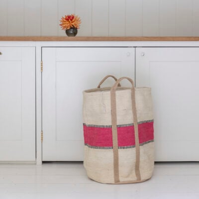 Jute Laundry Basket Pink Stripe