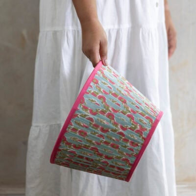 Lampshade Pleated Teal with Raspberry Trim 30cm