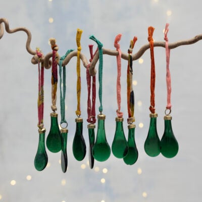 Green Glass Decorations on Sari Ribbon Bag of 10