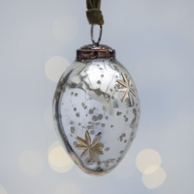 Oval Bauble with Gold Etched Stars Antique Silver Small