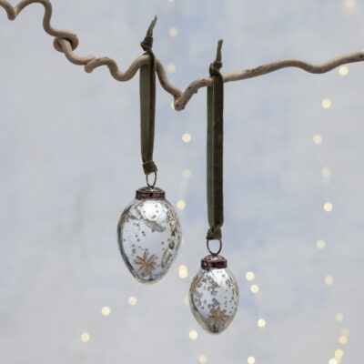 Oval Bauble with Gold Etched Stars Antique Silver Small