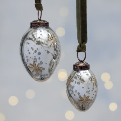 Oval Bauble with Gold Etched Stars Antique Silver Large