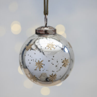 Round Bauble with Gold Etched Stars Antique Silver Small