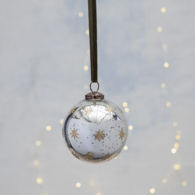 Round Bauble with Gold Etched Stars Antique Silver Small