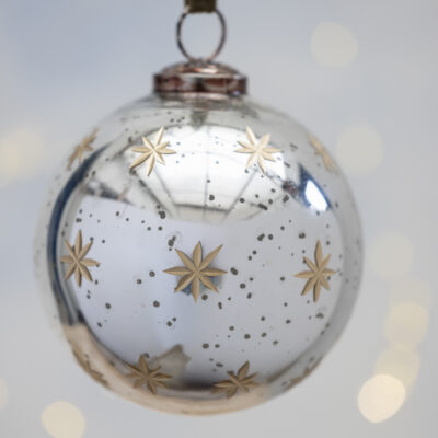 Round Bauble with Gold Etched Stars Antique Silver Large