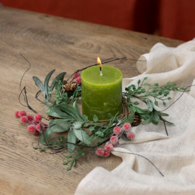 Iced Red Berry Candle Ring With Frosted Leaves