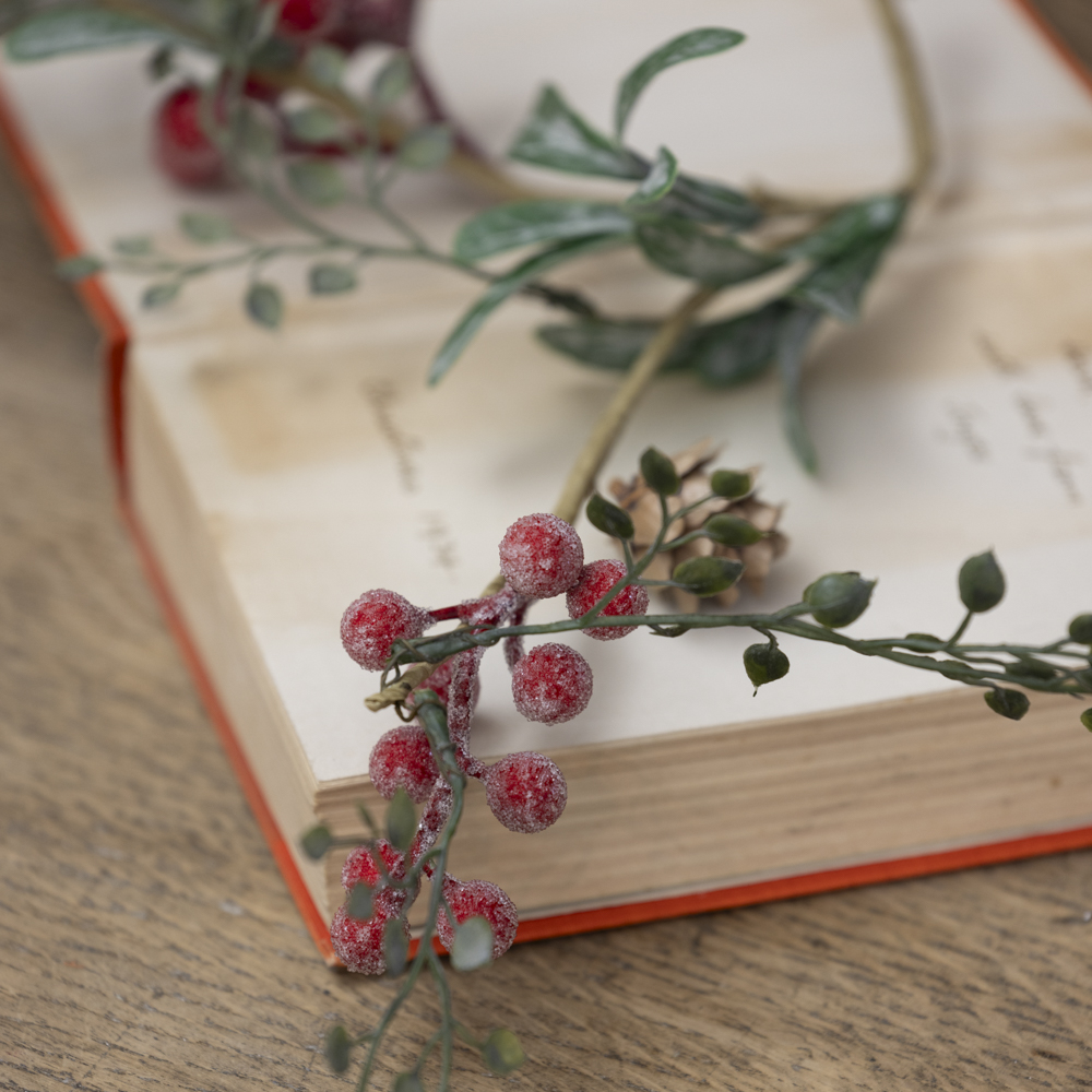 Iced Red Berry Spray with Frosted Leaves