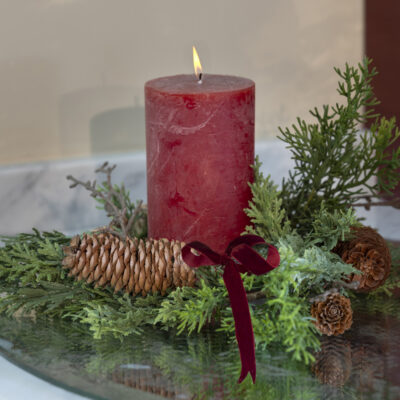 Foliage & Fircone Candle Ring with Velvet Ribbon