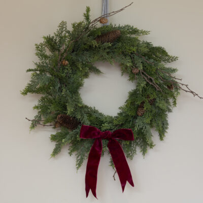 Foliage & Fircone Wreath with Velvet Ribbon