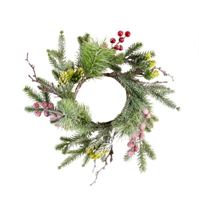 Foliage & Red Berry Snowy Candle Ring