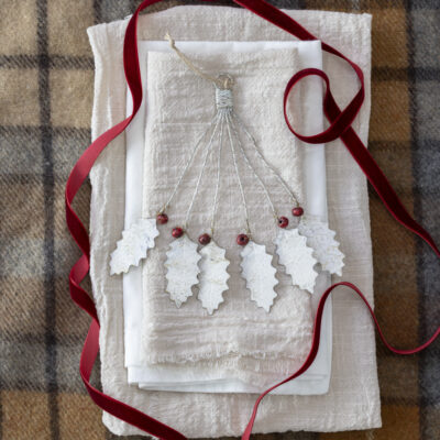 Holly Bunch Hanging Decoration White With Red Berries