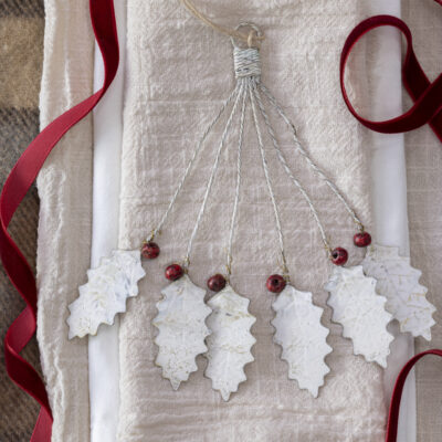 Holly Bunch Hanging Decoration White With Red Berries