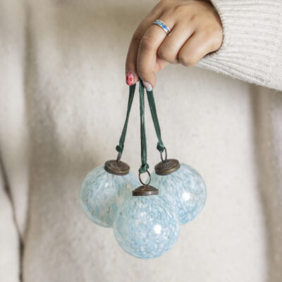 Glass Decoration Blue & White With Velvet Loop