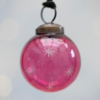 Star Etched Bauble Pink with Velvet Ribbon
