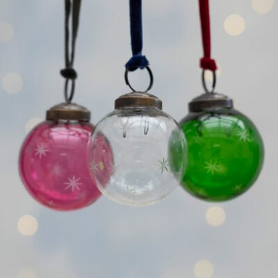 Star Etched Bauble Pink, Green and Clear with Velvet Ribbon