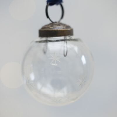 Star Etched Bauble Clear with Velvet Ribbon
