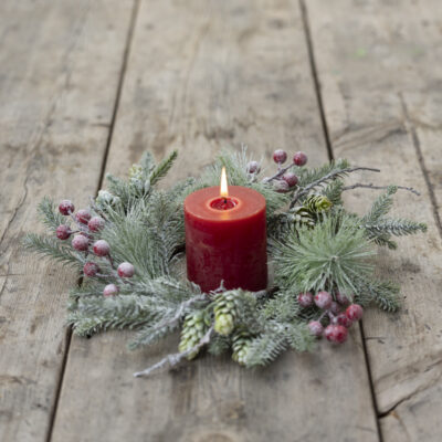 Foliage & Red Berry Snowy Candle Ring