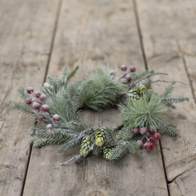 Foliage & Red Berry Snowy Candle Ring