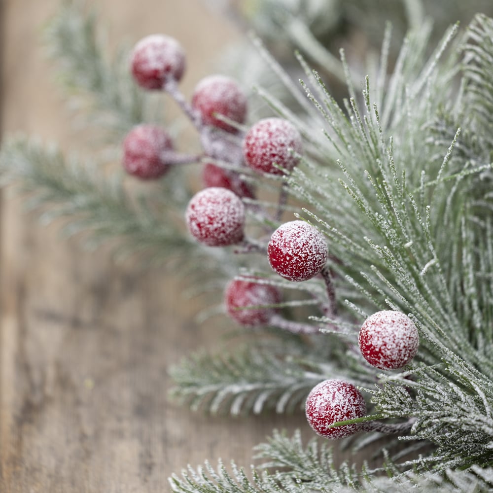 Foliage & Red Berry Snowy Candle Ring